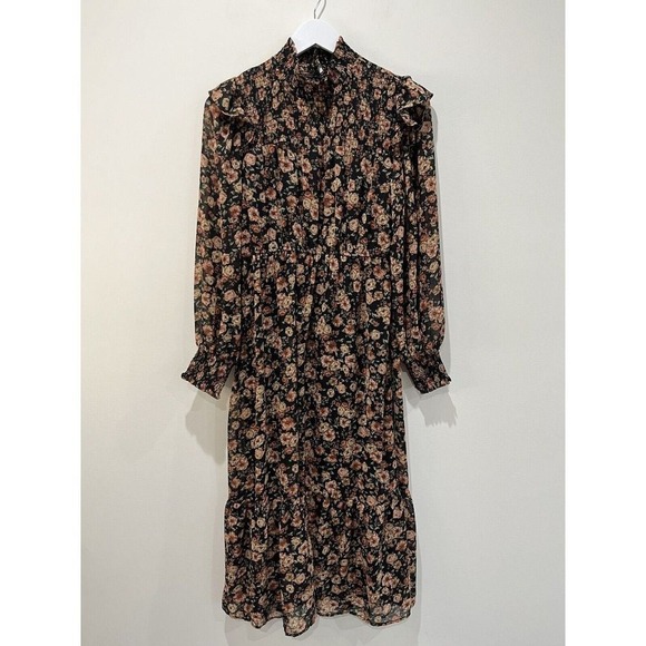 By The River Womens Dress Mock Neck‎ Floral Midi Sz M Peasant Cottagecore New - Picture 2 of 11